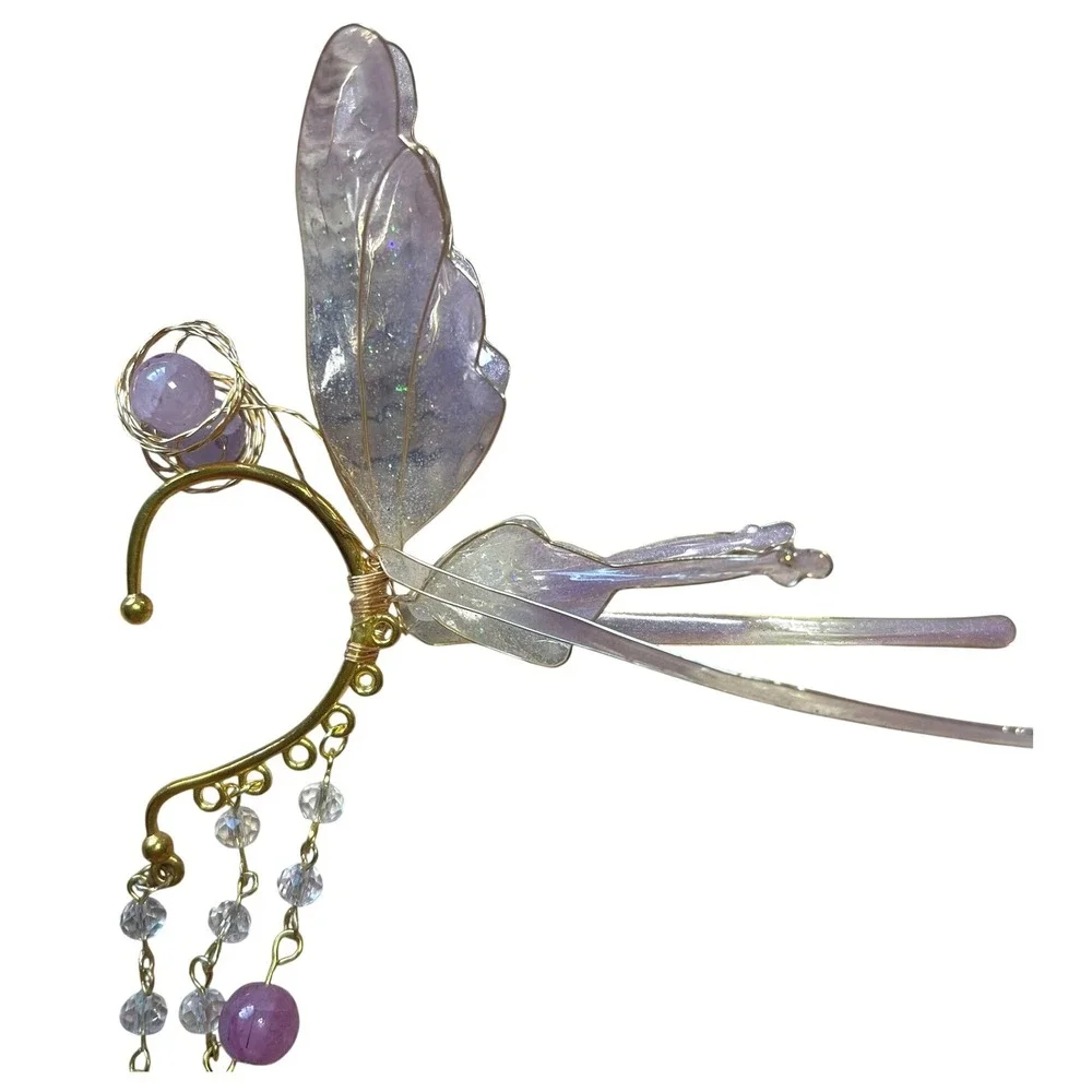 Purple‎ Iridescent Fairy Wing Ear Cuff Gold Tone Dangle Crystal Fantasy Wrap